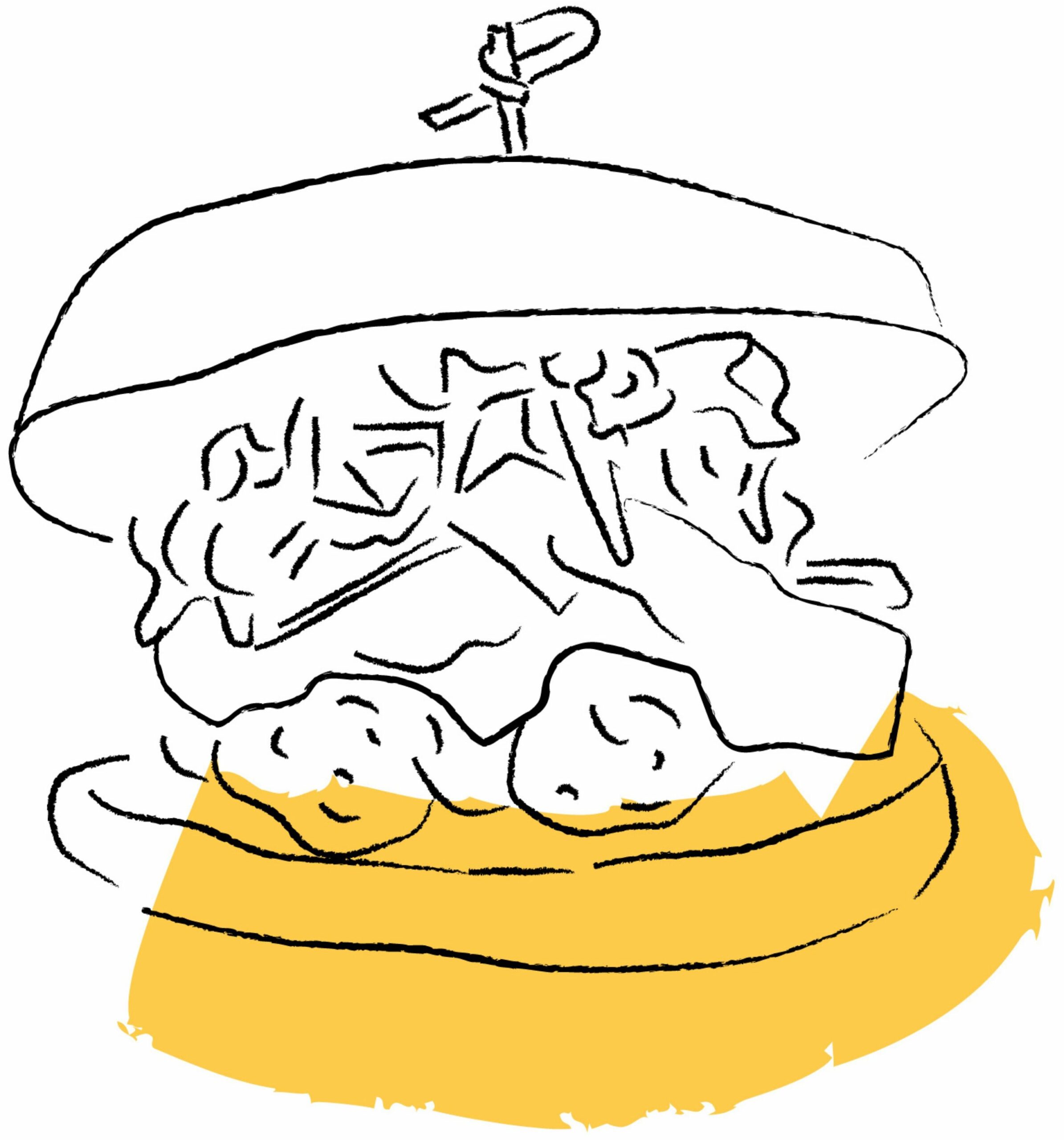 hand-drawn illustration of F&P sandwich with yellow swatch